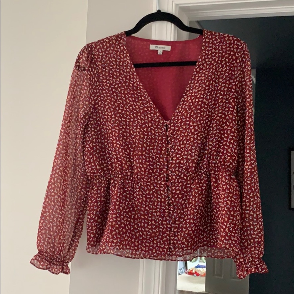 Madewell Red Printed V-Neck Peplum Blouse
